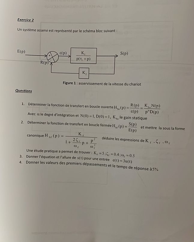 Un système asservi est représenté par le schéma bloc suivant :
Figure 1 : asservissement de la vitesse du chariot
Questions
1. Déterminer la fonction de transfert en boucle ouverte H_to(p)= R(p)/varepsilon (p) =frac K_toN(p)p^(alpha)D(p)
Avec α le degré d'intégration et N(0)=1,D(0)=1,K_ho le gain statique
2. Déterminer la fonction de transfert en boucle fermée H_ar(p)= S(p)/E(p)  et mettre la sous la forme
canonique H_ar(p)=frac K_t1+frac 2S_romega _rp+frac p^2(omega _r)^2 déduire les expressions de K_r,xi _r,omega _r
Une étude pratique a permet de trouver : K_f=5:zeta _f=0.4:omega _r=0.5
3. Donner l'équation et l'allure de s(t) pour une entrée e(t)=3u(t)
4. Donner les valeurs des premiers dépassements et le temps de réponse à 5%