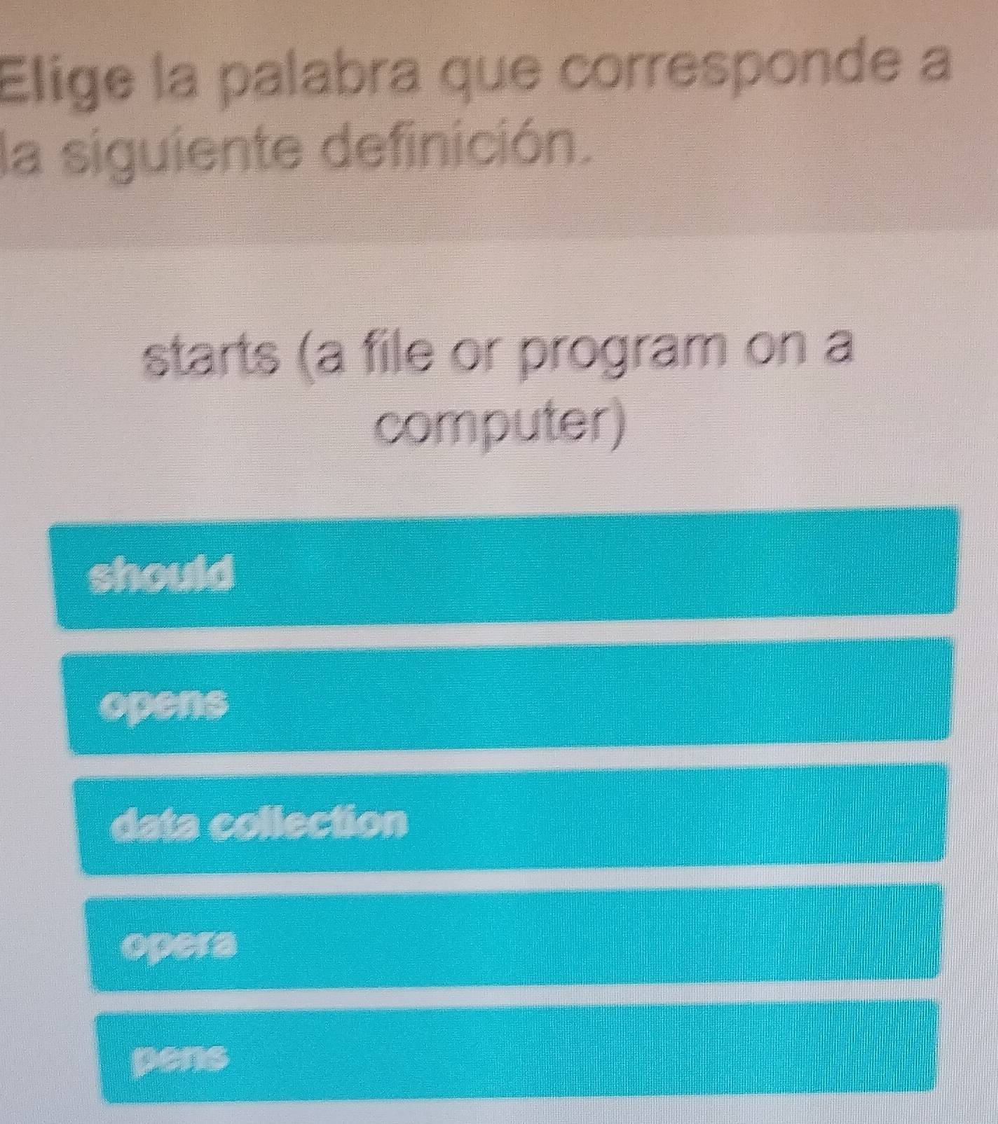 Elige la palabra que corresponde a
la siguiente definición.
starts (a file or program on a
computer)
should
opens
data collection
opera
pens