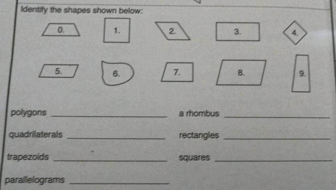 Identify the shapes shown below: 
0. 
3. 
4. 
5. 
6. 
7. 
8. 
9. 
polygons _a rhombus_ 
quadrilaterals _rectangles_ 
trapezoids _squares_ 
parallelograms_