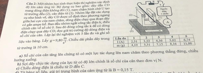 Một nhóm học sinh thực hiện thí nghiệm xác định R
độ lớn cảm ứng từ. Bộ dụng cụ bao gồm: dây dẫn CD
k
mang dòng điện không đổi (1), nam chậm hình chữ U tạo C Nguồn diễn
từ trường đều (2), cân điện tử (3). Nhóm lấp đặt các dụng 1 chiều
cụ như hình vẽ, dây CD được cổ định theo phương ngang
giữa hai cực của nam châm, dòng điện chạy qua đoạn dây (2) N (1)
có gắn ampe kế. Ban đầu nhóm ngắt công tắc điện k, điều
D A
chinh cân về số chỉ 0. Sau đó đóng công tắc k để có dòng
điện chạy qua dây CD, đọc giá trị cường độ dòng điện và
số chỉ của cân. Lặp lại thí nghiệm với 5 lần đo và ghi số (3) "
liệu vào bảng. Lấy g=9,80 m/s^2  Chiều dài phần dây tro
từ trường là 10 cm. 
a) Số chỉ của cân tăng lên chứng tỏ có một lực tác dụng lên nam châm theo phương thẳng đứng, chiều
hướng xuống
b) Sợi dây chịu tác dụng của lực từ có độ lớn chính là số chỉ của cân theo đơn vị N.
c) Chiều dòng điện là chiều từ D đến C.
Tì Từ bảng số liệu, giá trị trung bình của cảm ứng từ là B=0,15T.