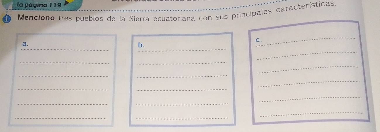 la página 119 
Menciono tres pueblos de la Sierra ecuatoriana con sus principales características. 
_ 
C. 
__ 
a. 
_ 
b. 
_ 
_ 
_ 
_ 
_ 
_ 
__ 
_ 
_ 
_ 
_ 
_ 
_