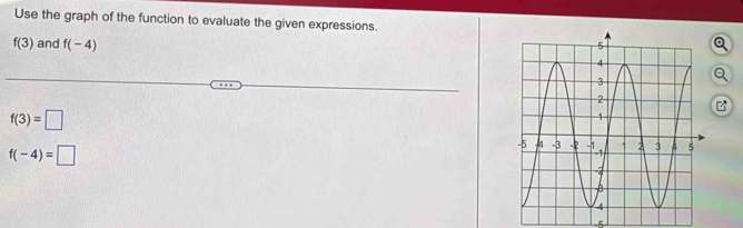 Use the graph of the function to evaluate the given expressions.
f(3) and f(-4) Q 
Q 
B
f(3)=□
f(-4)=□
