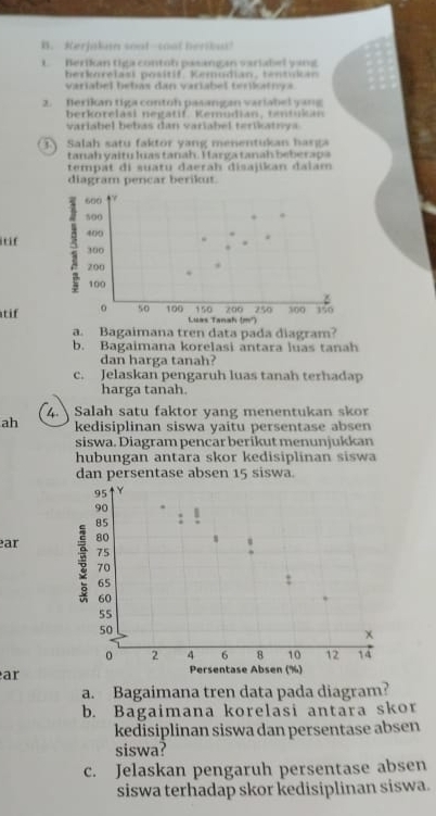 Kerjakan soot-coal heribu! 
t. Berikan tiga contob pasangan variabel yang 
berkorelasi positif. Kemudian, tentukan 
variabel bebas dan variabel terikatnya 
2. ferikan tiga contoh pasangan variabel yang 
berkorelasi negatif. Kemudian, tentukan 
variabel bebas dan variabel terikatnya 
Salah satu faktor yang menentukan harga 
tanah yaitu kuas tanah. Harga tanah beberapa 
tempat di suatu daerah disajikan daïam 
diagram pencar berikut. 
itf 
tif 
a. Bagaimana tren data pada diagram? 
b. Bagaimana korelasi antara luas tanah 
dan harga tanah? 
c. Jelaskan pengaruh luas tanah terhadap 
harga tanah. 
4. Salah satu faktor yang menentukan skor 
ah kedisiplinan siswa yaitu persentase absen 
siswa. Diagram pencar berikut menunjukkan 
hubungan antara skor kedisiplinan siswa 
dan persentase ab sen 15 siswa. 
ear 
ar 
a. Bagaimana tren data pada diagram? 
b. Bagaimana korelasi antara skor 
kedisiplinan siswa dan persentase absen 
siswa? 
c. Jelaskan pengaruh persentase absen 
siswa terhadap skor kedisiplinan siswa.