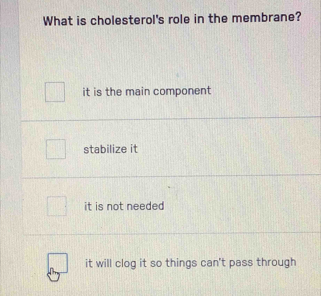 What is cholesterol's role in the membrane?
it is the main component
stabilize it
it is not needed
it will clog it so things can't pass through