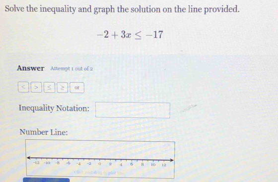 Solve the inequality and graph the solution on the line provided.
-2+3x≤ -17
Answer Attempt 1 out of 2 
< > < 2 or 
Inequality Notation: x_MN= 1/2  □ 
Number Line: