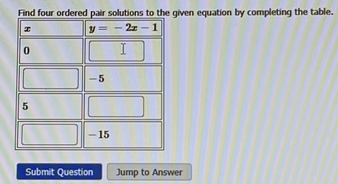 Find four ordered pair solutions to the given equation by completing the table.
Submit Question Jump to Answer