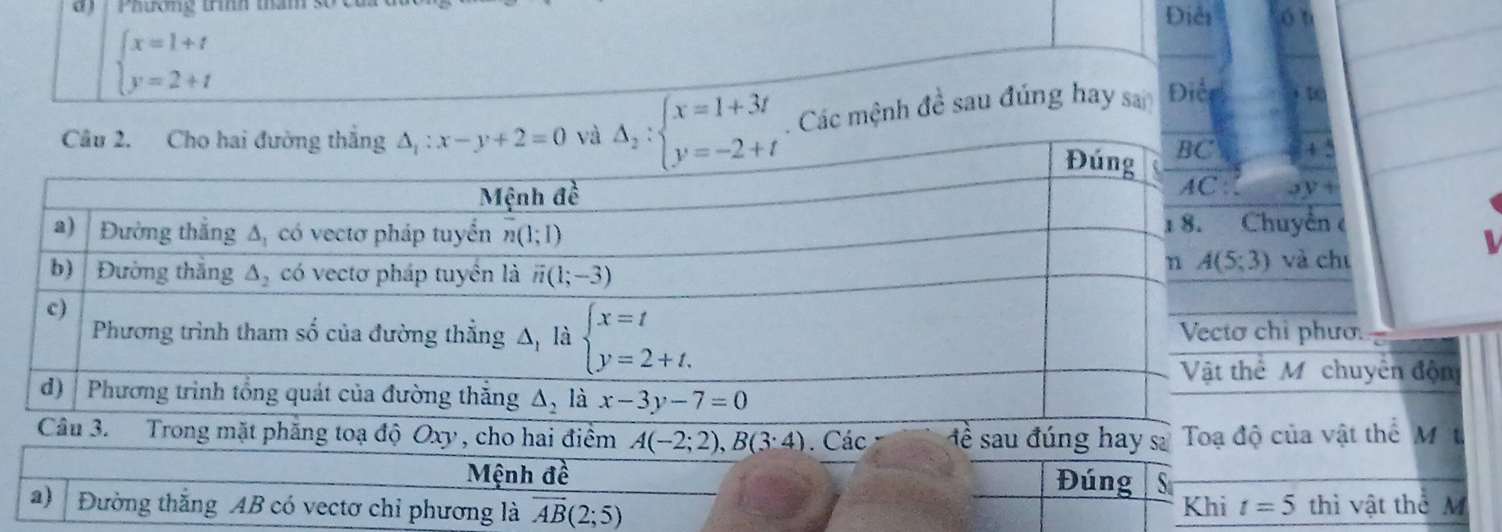 Phương trình tha Điễi ón
beginarrayl x=1+t y=2+tendarray.. Các mệnh đề sau đúng hay sa Điễn
+ 5
4y+
ển (
chú
hươ.
chuyển độn
Câu 3. Trong mặt phăng toạ độ Oxy , cho hai điểm A(-2;2),B(3;4). Các đề sau đúng hay Sa Toạ độ của vật thể M t
Mệnh đề
Đúng S
a) Đường thắng AB có vectơ chỉ phương là overline AB(2;5) Khi t=5 thì vật thể M