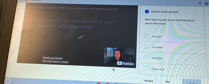 What type of graph should I make? Choosing the best kind of graph for your datal MULTIPLE CHOICE QUESTION
What type of graph do you think we should
Number odot° germinated seeds each use for this data?
day over a 10 day period.
Bar graph
Line graph
think you know Histogram
a
the hint here is time YouTube
Scatter Plot
Rewatch Skip Submit