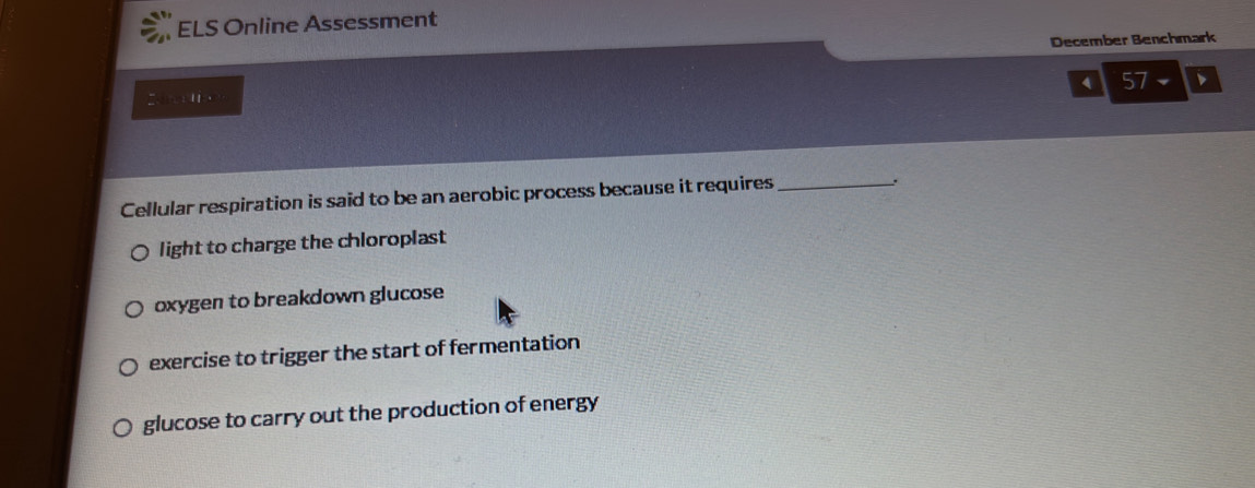 ELS Online Assessment
December Benchmark
1 57- 、
C 
Cellular respiration is said to be an aerobic process because it requires _.
light to charge the chloroplast
oxygen to breakdown glucose
exercise to trigger the start of fermentation
glucose to carry out the production of energy