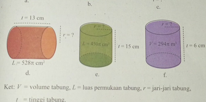 t=6cm
d.
e.
Ket: V= volume tabung, L= lua 15 a permukaan tabung, r= jari-jari tabung,
t= tinggi tabung.