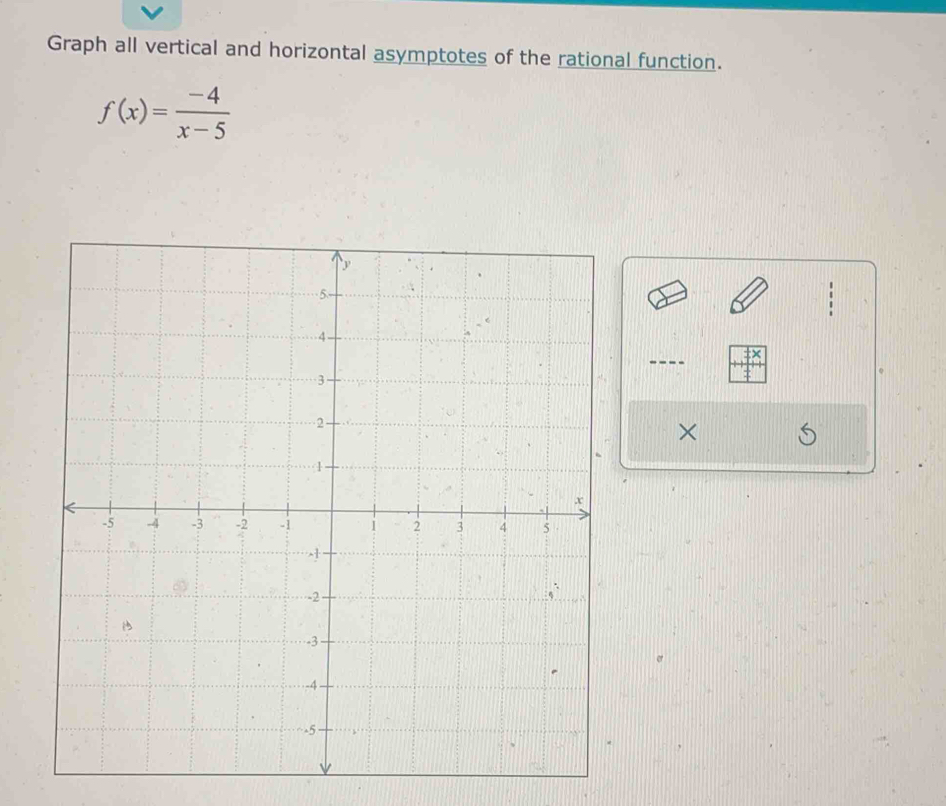 Graph all vertical and horizontal asymptotes of the rational function.
f(x)= (-4)/x-5 
×