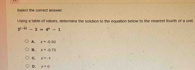 Select the correct answer.
Using a table of values, determine the solution to the equation below to the nearest fourth of a unit.
2^((-x))-2=4^x-1
A. xapprox -0.50
B. xapprox -0.75
C. xapprox -1
D. xapprox 0