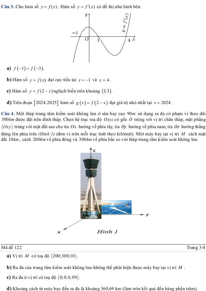 Cho hàm số y=f(x). Hàm số y=f'(x) có đồ thị như hình bên. 
a) f(-1)>f(-3). 
b) Hàm số y=f(x) đạt cực tiểu tại x=-1 và x=4. 
c) Hàm số y=f(2-x) nghịch biến trên khoảng (1;3). 
d) Trên đoạn [2024;2025] hàm số g(x)=f(2-x) đạt giá trị nhỏ nhất tại x=2024. 
Câu 4. Một tháp trung tâm kiểm soát không lưu ở sân bay cao 90m sử dụng ra đa có phạm vi theo dõi
500km được đặt trên đỉnh tháp. Chọn hệ trục toạ độ Oxyz có gốc O trùng với vị trí chân tháp, mặt phẳng 
(Oxy) trùng với mặt đất sao cho tia Ox hướng về phía tây, tia Oy hướng về phía nam, tia Oz hướng thẳng 
đứng lên phía trên (Hình 1) (đơn vị trên mỗi trục tính theo kilômét). Một máy bay tại vị trí Mô cách mặt 
đất 10km , cách 200km về phía đông và 300km về phía bắc so với tháp trung tâm kiểm soát không lư 
Mã đề 122 Trang 3/4
a) Vị trí M có toạ độ (200;300;10). 
b) Ra đa của trung tâm kiểm soát không lưu không thể phát hiện được máy bay tại vị trí M. 
c) Ra đa ở vị trí có toạ độ (0;0;0,09). 
d) Khoảng cách từ máy bay đến ra đa là khoảng 360, 69 km (làm tròn kết quả đến hàng phần trăm).