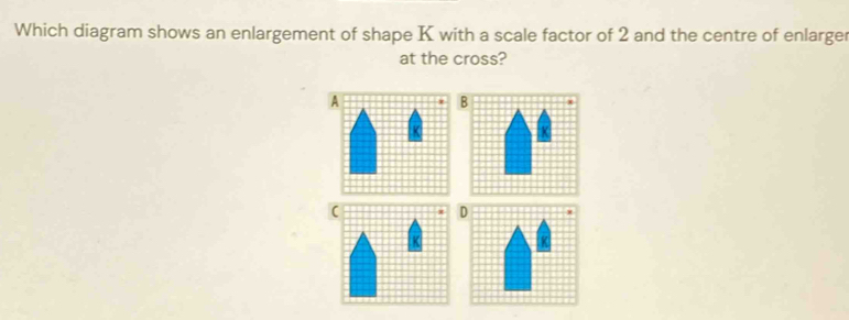 Which diagram shows an enlargement of shape K with a scale factor of 2 and the centre of enlarger
at the cross?
A
B
D