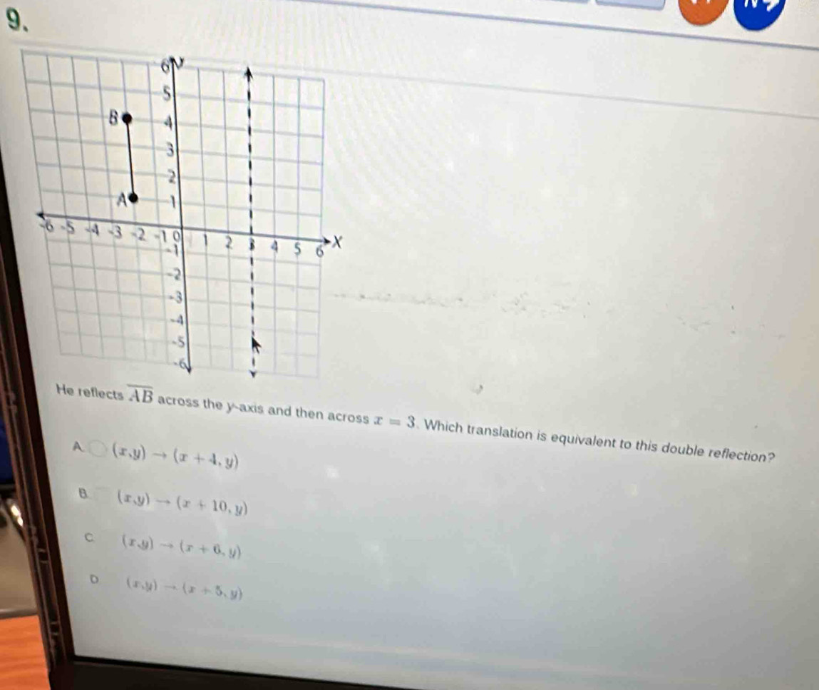 He reflects overline AB across the y-axis and then across x=3 Which translation is equivalent to this double reflection?
A □ (x,y)to (x+4,y)
B. (x,y)to (x+10,y)
C (x,y)to (x+6,y)
D (x,y)to (x+5,y)