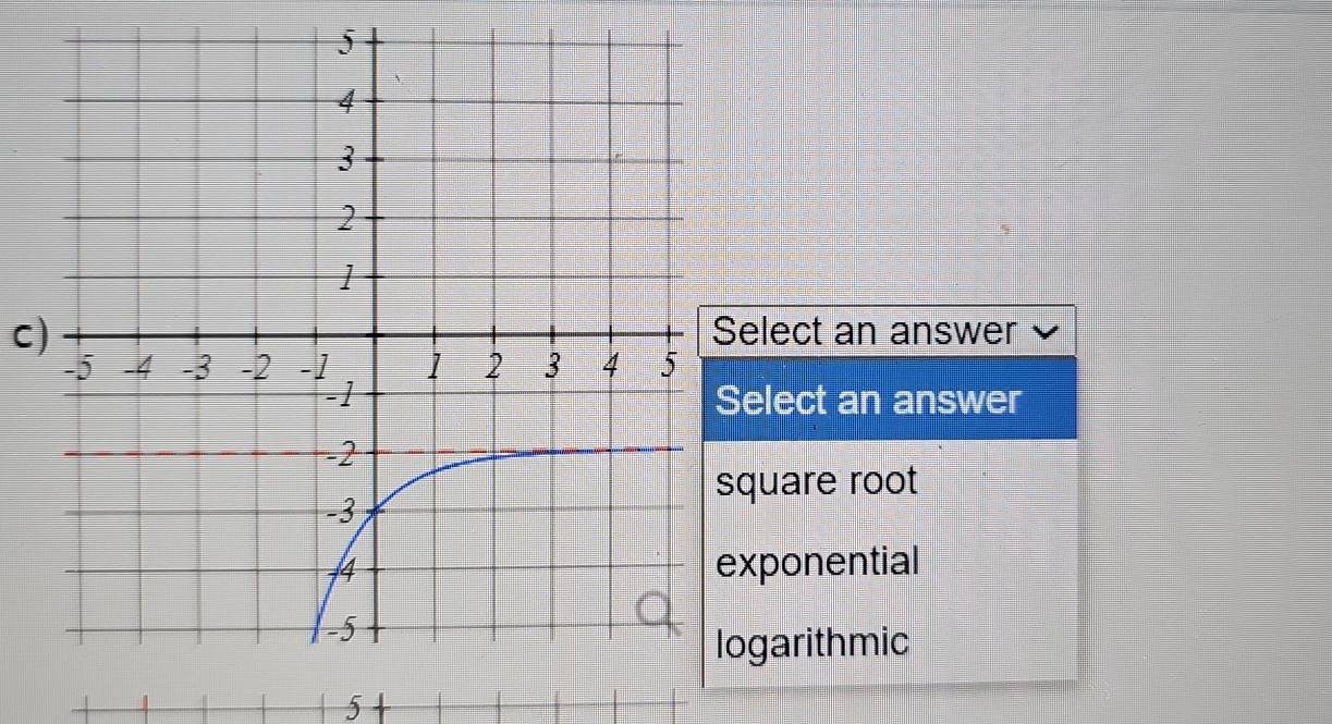 Select an answer
Select an answer
square root
exponential
logarithmic
5