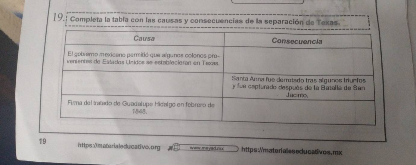 19.: Completa la tabla con las causas y consecuencias de la separación de Texas. 
19 https://materialeducativo.org www.meyad.mx https://materialeseducativos.mx