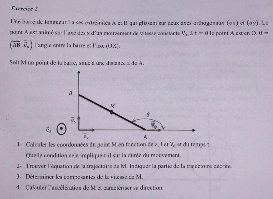 Une barre de longueur l a ses extrémités A et B qui glissent sur deux axes orthogonaux (ox) et (oy). Le
point A est animé sur l’axe des x d’un mouvement de vitesse constante V_0 , à t=0 le point A est en 0.θ =
(vector AB,vector e_x) l’angle entre la barre et l’axe (OX).
Soit M un point de la barre, situé à une distance a de A.
vector e_z
1- Calculer les coordonnées du point M en fonction de a, l et V_0 et du temps t.
Quelle condition cela implique-t-il sur la durée du mouvement.
2- Trouver l'équation de la trajectoire de M. Indiquer la partie de la trajectoire décrite.
3- Déterminer les composantes de la vitesse de M.
4- Calculer l'accélération de M et caractériser sa direction.