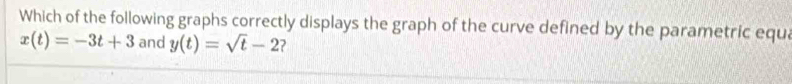 Which of the following graphs correctly displays the graph of the curve defined by the parametric equa
x(t)=-3t+3 and y(t)=sqrt(t)-2