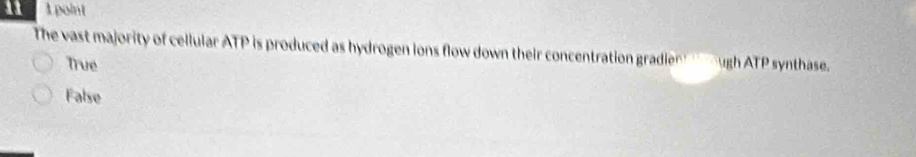 11 1 point
The vast majority of cellular ATP is produced as hydrogen ions flow down their concentration gradier ugh ATP synthase.
True
False