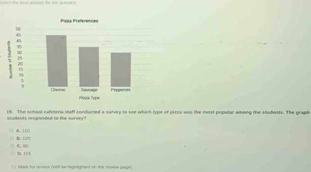 Select the best answer for the question.
19. The school cafeteria staff conducted a survey to see which type of pizza was the most popular among the students. The graph
students responded to the survey?
A. 110
B. 120
C. 80
D. 115
Mark for review (Will be highlighted on the review page)