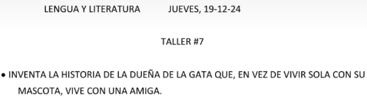 LENGUA Y LITERATURA JUEVES, 19-12-24 
TALLER #7 
INVENTA LA HISTORIA DE LA DUEÑA DE LA GATA QUE, EN VEZ DE VIVIR SOLA CON SU 
MASCOTA, VIVE CON UNA AMIGA.