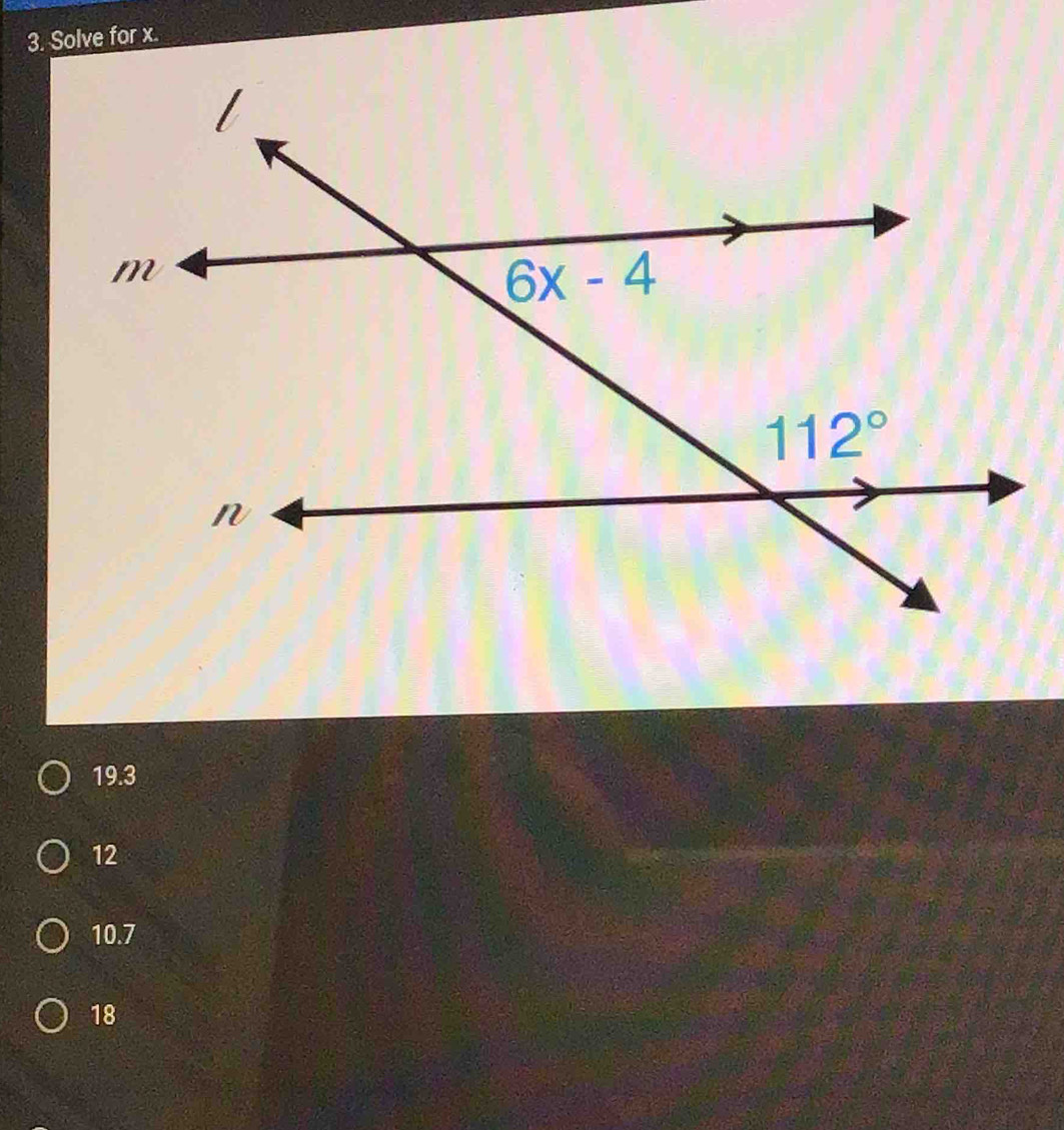 Solve for x.
19.3
12
10.7
18