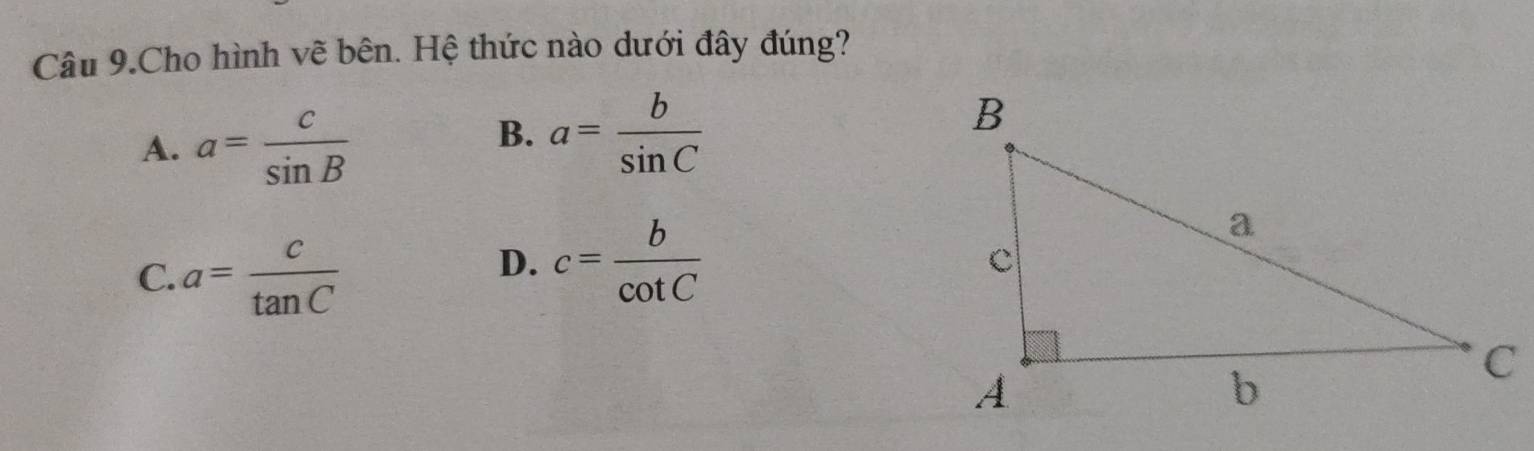 Câu 9.Cho hình vẽ bên. Hệ thức nào dưới đây đúng?
A. a= c/sin B 
B. a= b/sin C 
C. a= c/tan C 
D. c= b/cot C 