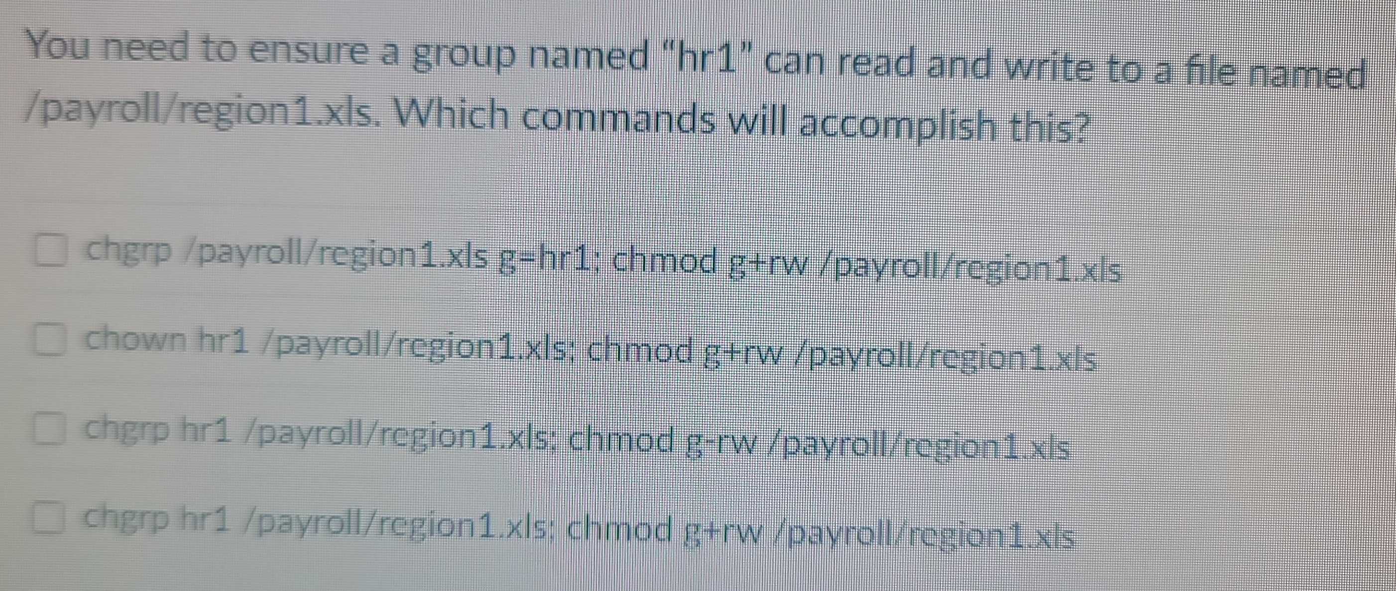 Solved: You need to ensure a group named “hr1” can read and write to a ...