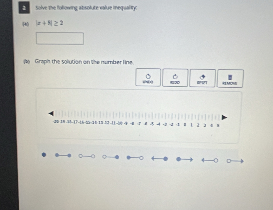 Solve the following absolute value inequality: 
(2) |x+8|≥ 2
(b) Graph the solution on the number line. 
UNDO REDO RESET REMOVE 
。 
。 
。