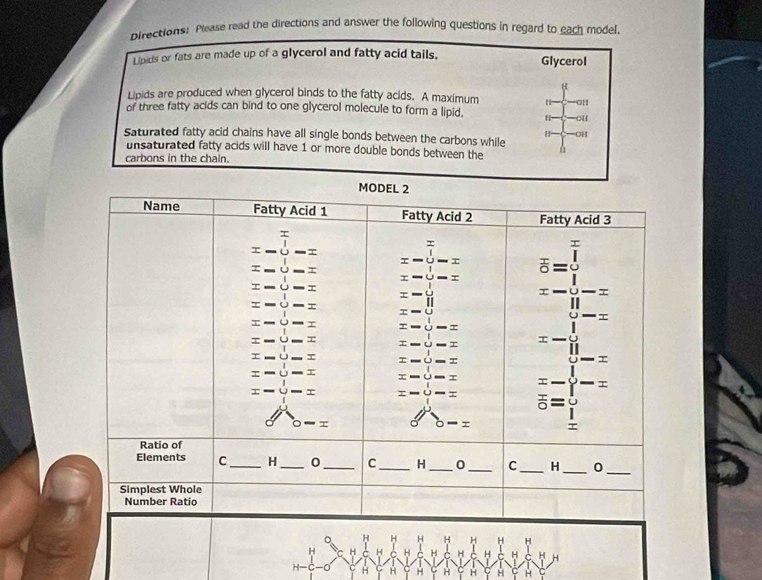 Directions: Please read the directions and answer the following questions in regard to each model. 
Lipids or fats are made up of a glycerol and fatty acid tails. Glycerol 
u 
Lipids are produced when glycerol binds to the fatty acids. A maximum H GH 
of three fatty acids can bind to one glycerol molecule to form a lipid. -OH 
H OH 
Saturated fatty acid chains have all single bonds between the carbons while 
unsaturated fatty acids will have 1 or more double bonds between the 
ù 
carbons in the chain. 
H H H H H