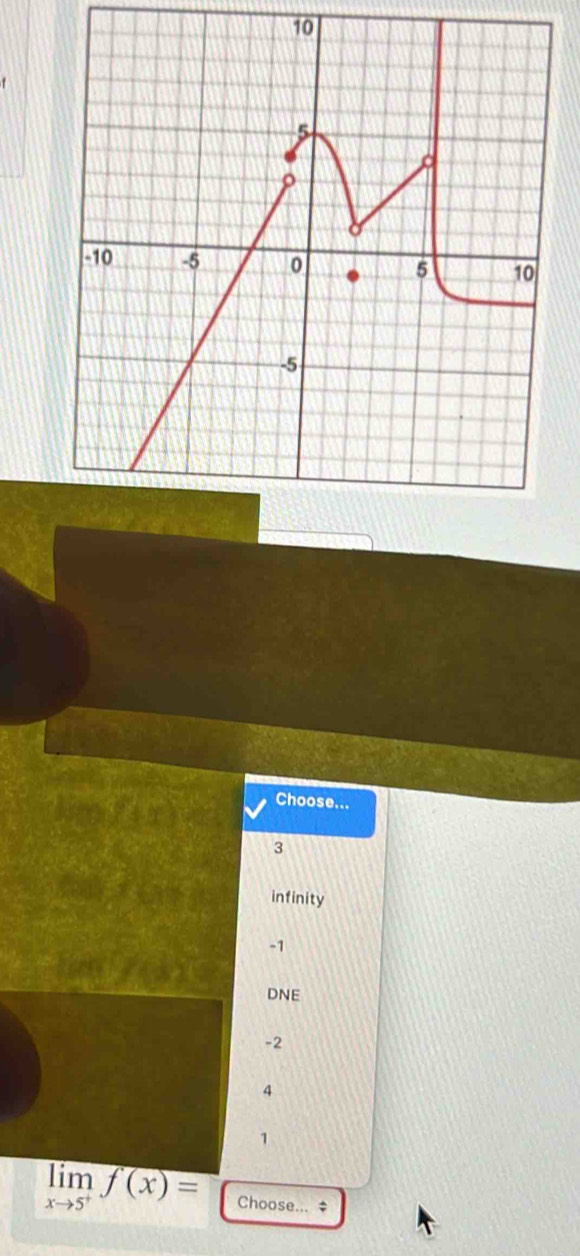 Choose...
x°
3
infinity
-1
DNE
-2
4
1
limlimits _xto 5^+f(x)= Choose... ‡