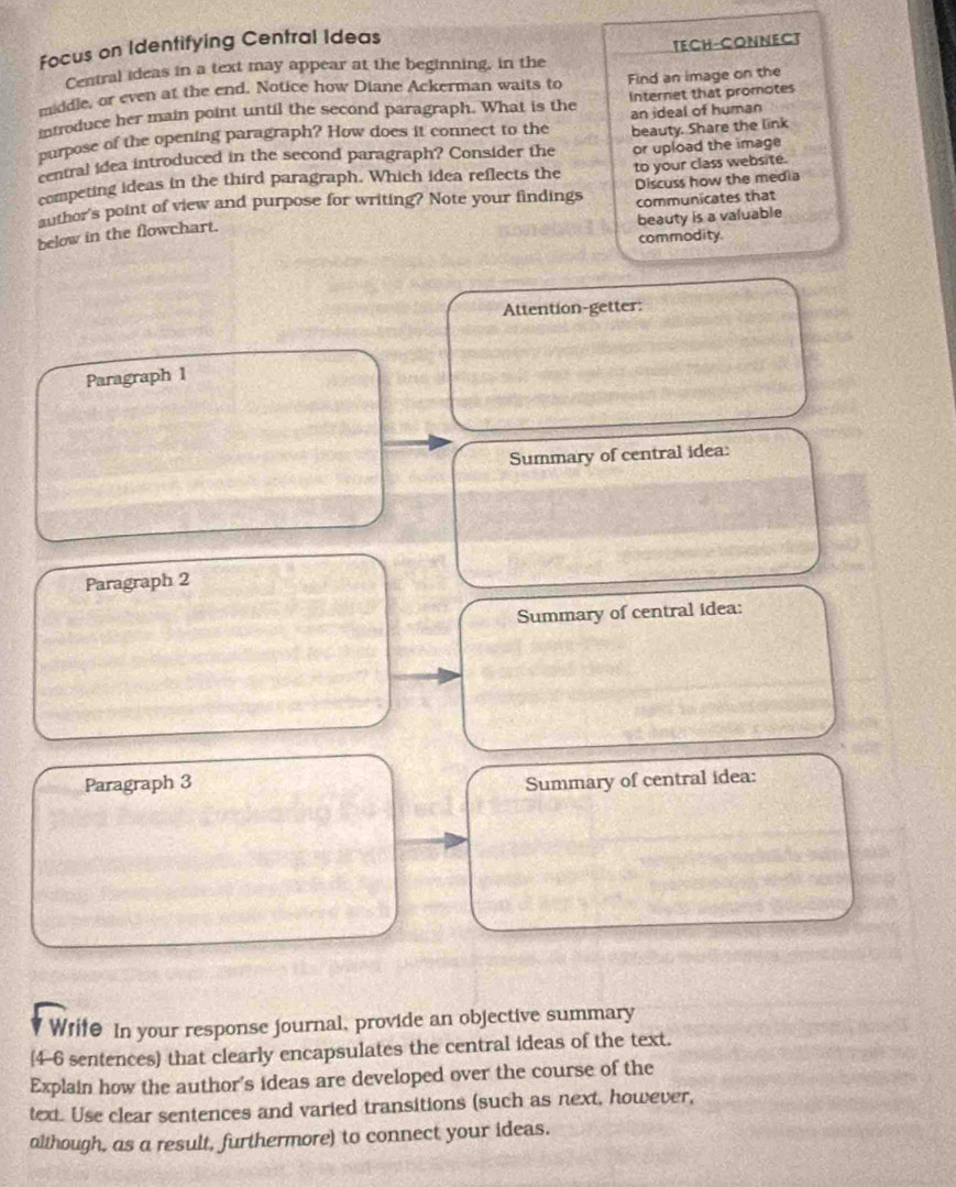 Focus on Identifying Central Ideas 
Central ideas in a text may appear at the beginning, in the TECH-CONNECT 
middle, or even at the end. Notice how Diane Ackerman waits to Find an image on the 
introduce her main point until the second paragraph. What is the Internet that promotes 
purpose of the opening paragraph? How does it connect to the an ideal of human 
or upload the image 
central idea introduced in the second paragraph? Consider the beauty. Share the link 
competing ideas in the third paragraph. Which idea reflects the to your class website. 
Discuss how the media 
author's point of view and purpose for writing? Note your findings communicates that 
beauty is a valuable 
below in the flowchart. 
commodity. 
Attention-getter: 
Paragraph 1 
Summary of central idea: 
Paragraph 2 
Summary of central idea: 
Paragraph 3 Summary of central idea: 
Wrife In your response journal, provide an objective summary 
4-6 sentences) that clearly encapsulates the central ideas of the text. 
Explain how the author's ideas are developed over the course of the 
text. Use clear sentences and varied transitions (such as next, however, 
although, as a result, furthermore) to connect your ideas.