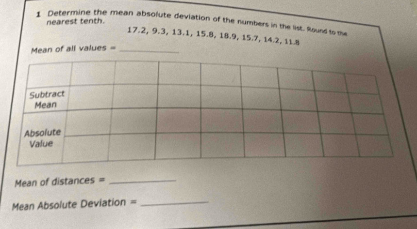 nearest tenth. 
1 Determine the mean absolute deviation of the numbers in the list. Round to the
17.2, 9.3, 13.1, 15.8, 18.9, 15.7, 14.2, 11.8
Mean of all values =_ 
Mean of distances =_ 
Mean Absolute Deviation =_