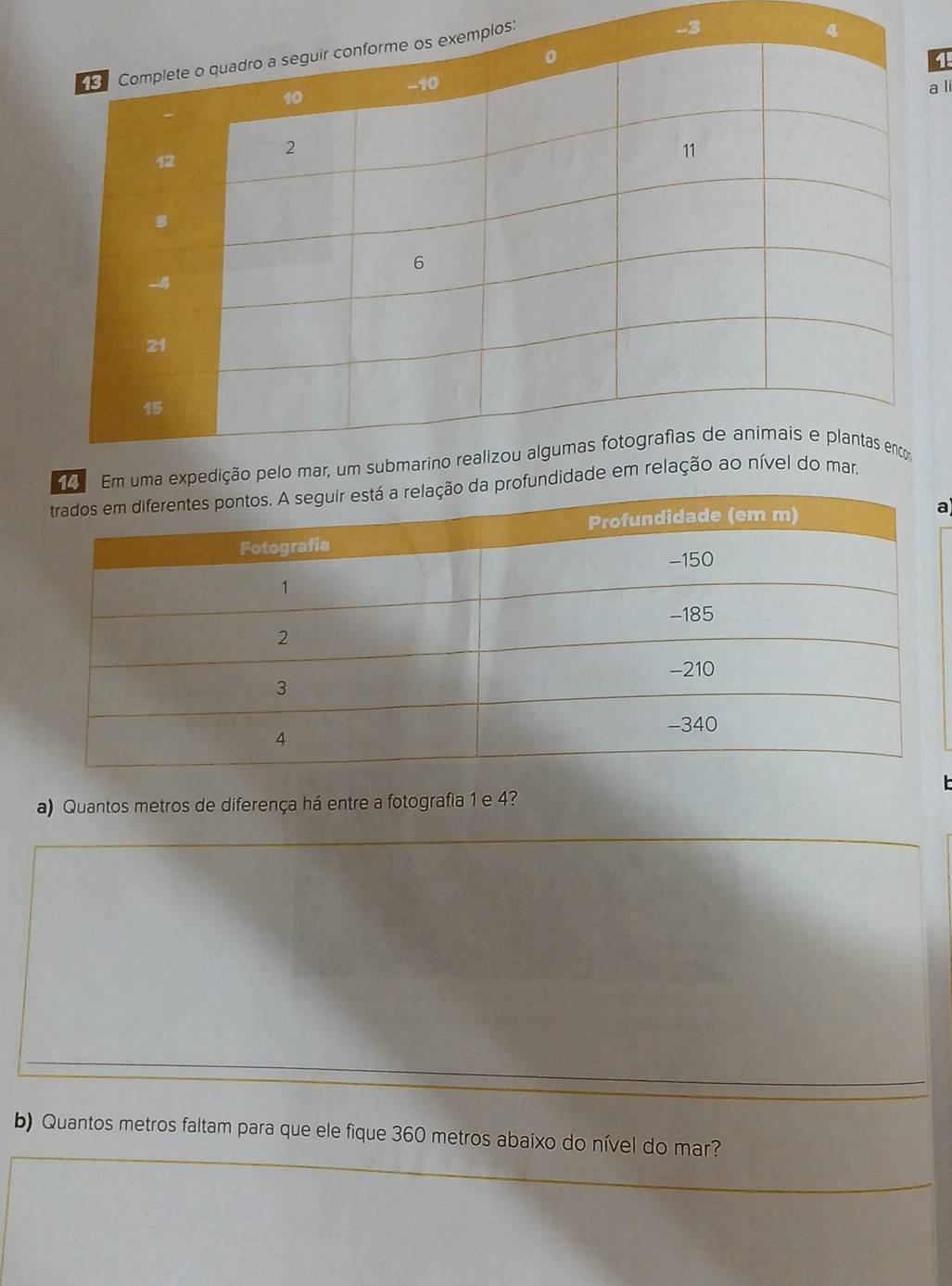 a li 
a 
a) Quantos metros de diferença há entre a fotografia 1 e 4? 
b) Quantos metros faltam para que ele fique 360 metros abaixo do nível do mar?