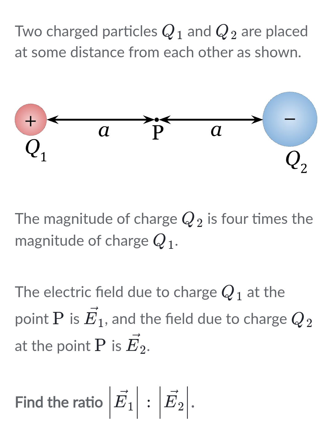 Two charged particles Q_1 and Q_2 are placed 
at some distance from each other as shown. 
+

a
P
a
Q_1
Q_2
The magnitude of charge Q_2 is four times the 
magnitude of charge Q_1. 
The electric field due to charge Q_1 at the 
point P is vector E_1 , and the field due to charge Q_2
at the point P is vector E_2. 
Find the ratio |vector E_1|:|vector E_2|.