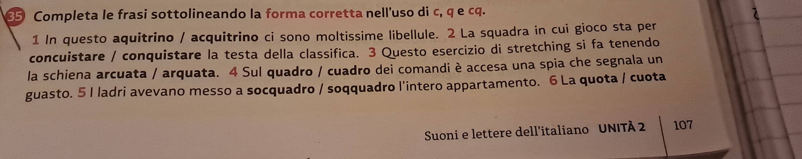 ③5 Completa le frasi sottolineando la forma corretta nell’uso di c, q e cq. 
1 In questo aquitrino / acquitrino ci sono moltissime libellule. 2 La squadra in cui gioco sta per 
concuistare / conquistare la testa della classifica. 3 Questo esercizio di stretching si fa tenendo 
la schiena arcuata / arquata. 4 Sul quadro / cuadro dei comandi è accesa una spia che segnala un 
guasto. 5 I ladri avevano messo a socquadro / soqquadro l'intero appartamento. 6 La quota / cuota 
Suoni e lettere dell’italiano UNITÀ 2 107