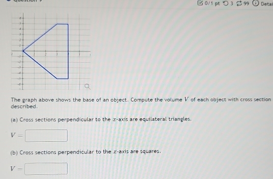 □ 0/1 pt つ 3 99 Deta 
The graph above shows the base of an object. Compute the volume V of each object with cross section 
described. 
(a) Cross sections perpendicular to the x-axis are equilateral triangles.
V=□
(b) Cross sections perpendicular to the x-axis are squares.
V=□