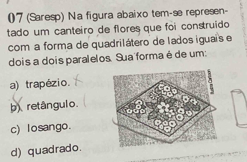 07 (Saresp) Na figura abaixo tem-se represen-
tado um canteiro de flores que foi construído
com a forma de quadrilátero de lados iguais e
dois a dois paralelos. Sua forma é de um:
a) trapézio.
b) retângulo.
c) losango.
d) quadrado.