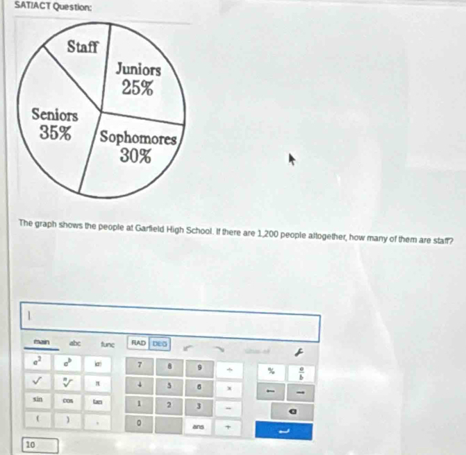 SATIACT Question: 
The graph shows the people at Garfield High School. If there are 1,200 people altogether, how many of them are staff? 
1 
main abc fune RAD DEO G A
a^2 a^b kan 7 8 9 %  a/b 
sqrt() sqrt[n]() π 5 6 x
sin cos tan 1 2 3
( ) , 。 ans + 
10