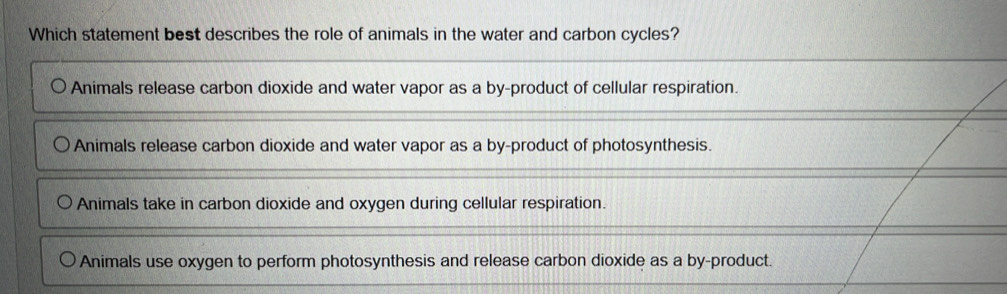 Which statement best describes the role of animals in the water and carbon cycles?
Animals release carbon dioxide and water vapor as a by-product of cellular respiration.
Animals release carbon dioxide and water vapor as a by-product of photosynthesis.
Animals take in carbon dioxide and oxygen during cellular respiration.
Animals use oxygen to perform photosynthesis and release carbon dioxide as a by-product.