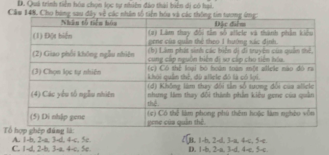 D. Quá trình tiền hóa chọn lọc tự nhiên đảo thài biển dị có hại.
Câu 148. Cho bảng sau y về c
T
A. 1 -b, 2 -a, 3 -d, 4 -c, 5c. B. 1 -b, 2 -d, 3 -a, 4 -c, 5 -c.
C. 1 -d, 2 -b, 3 -a, 4 -c, 5e. D. 1 -b, 2 -a, 3 -d, 4 -c, 5 -c.