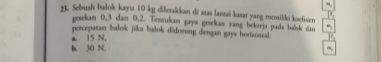 Sebuah balok kayu 10 kg dietakkan di stas lantai kasar yang memilki koefsien
gesekan 0, 3 clan 0. 2. Teneukan gaya gesekan yang bekeeja pada balzk dan
percepatan balok jika balok didorong dengan gaya horiaoaral.
a. 15 N,
b. 30 N. -,