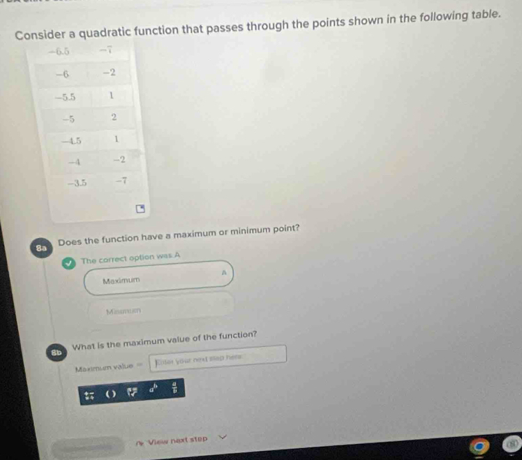 Consider a quadratic function that passes through the points shown in the following table.
8a Does the function have a maximum or minimum point?
The correct option was.A
Maximum A
Misomun
What is the maximum value of the function?
8b
Maximum value == Enter your next stap hear
a^b  a/b 
n View next step