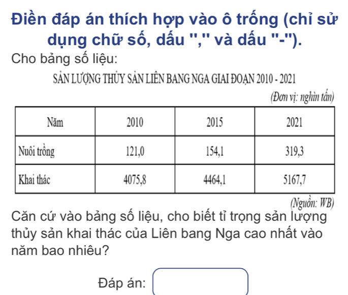 Điền đáp án thích hợp vào ô trống (chỉ sử 
dụng chữ số, dấu '','' và dấu ''-''). 
Cho bảng số liệu: 
SẢN LƯợNG THỦY SẢN LIÊN BANG NGA GIAI ĐOAN 2010 - 2021 
(Đơn vị: nghìn tấn) 
(Nguồn: WB) 
Căn cứ vào bảng số liệu, cho biết tỉ trọng sản lượng 
thủy sản khai thác của Liên bang Nga cao nhất vào 
năm bao nhiêu? 
Đáp án: