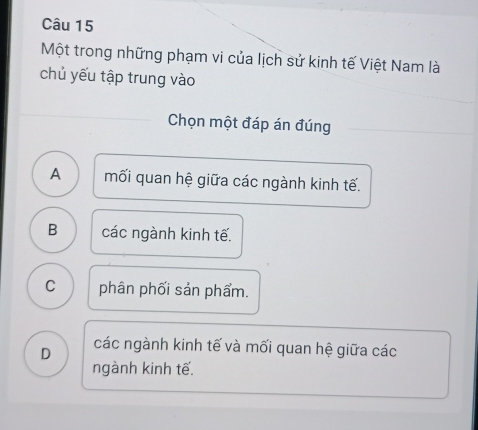 Một trong những phạm vi của lịch sử kinh tế Việt Nam là
chủ yếu tập trung vào
Chọn một đáp án đúng
A mối quan hệ giữa các ngành kinh tế.
B các ngành kinh tế.
C phân phối sản phẩm.
D các ngành kinh tế và mối quan hệ giữa các
ngành kinh tế.