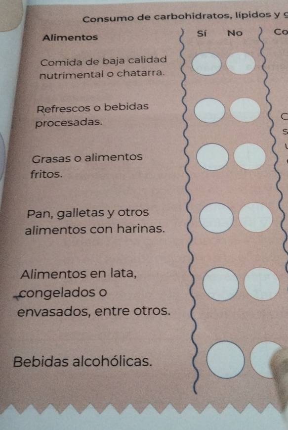 Consumo de carbohidratos, lípidos y g 
Alimentos 
Sí No Co 
Comida de baja calidad 
nutrimental o chatarra. 
Refrescos o bebidas 
C 
procesadas. 

Grasas o alimentos 
fritos. 
Pan, galletas y otros 
alimentos con harinas. 
Alimentos en lata, 
congelados o 
envasados, entre otros. 
Bebidas alcohólicas.