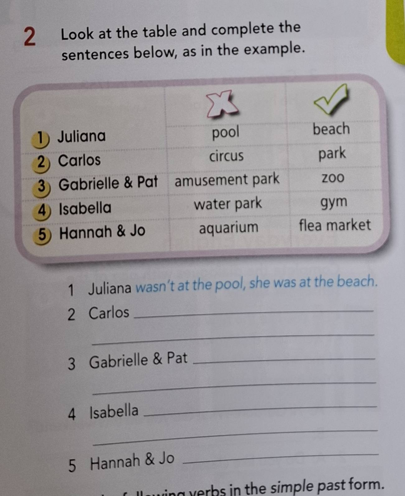 Look at the table and complete the 
sentences below, as in the example. 
1 Juliana wasn’t at the pool, she was at the beach. 
2 Carlos_ 
_ 
3 Gabrielle & Pat_ 
_ 
4 Isabella 
_ 
_ 
5 Hannah & Jo 
_ 
ing v erbs in the simple past form.