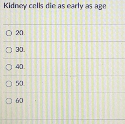 Solved: Kidney cells die as early as age 20. 30. 40. 50. 60 [Biology]