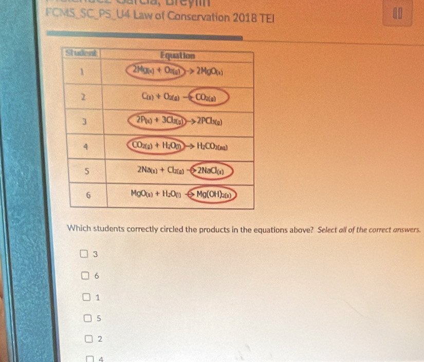 FCMS_SC_PS_U4 Law of Conservation 201B TEI
40
Which students correctly circled the products in the equations above? Select all of the correct answers.
3
6
1
5
2
4